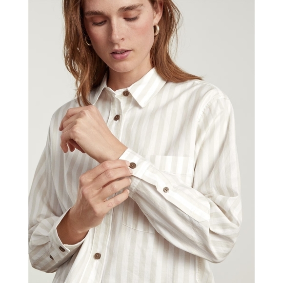 Everlane Shirt Womens Striped Button Up Silky Cotton Way Short Crop Sand - Picture 15 of 15
